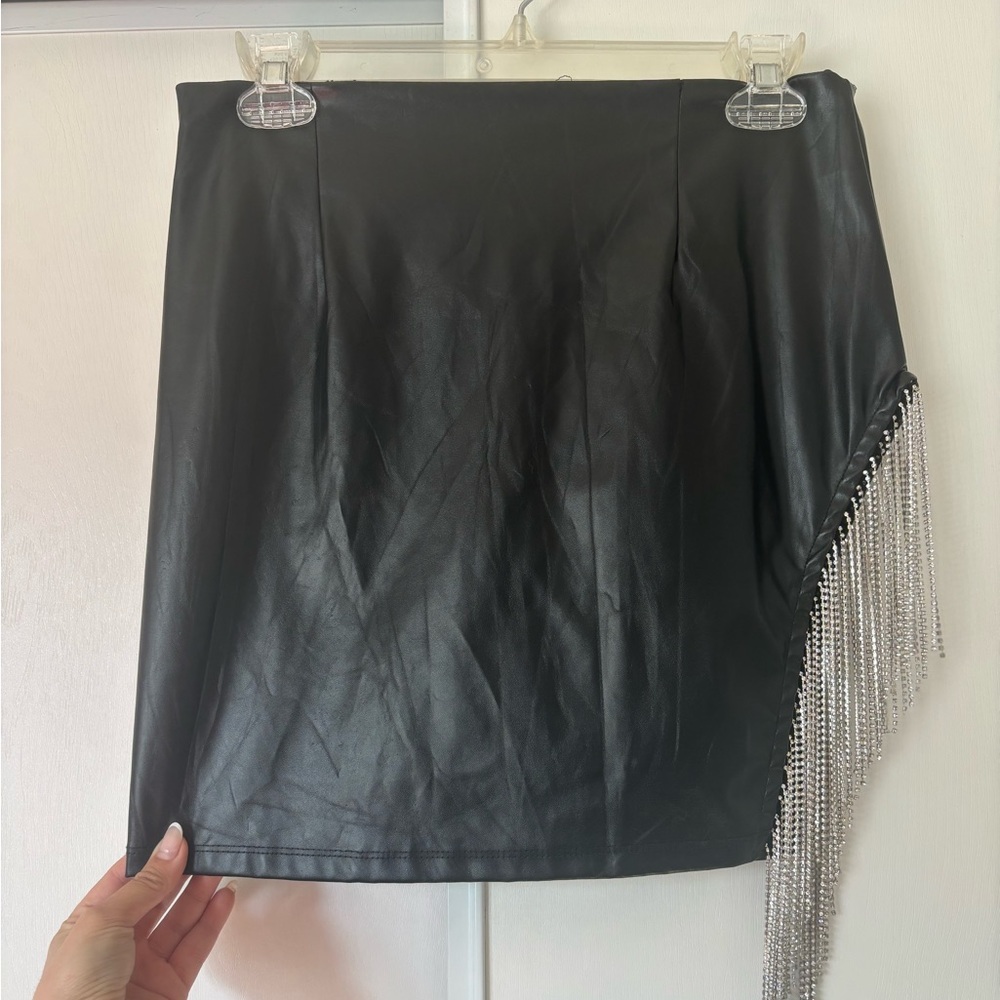 Black Faux Leather Mini Skirt with Silver Fringe